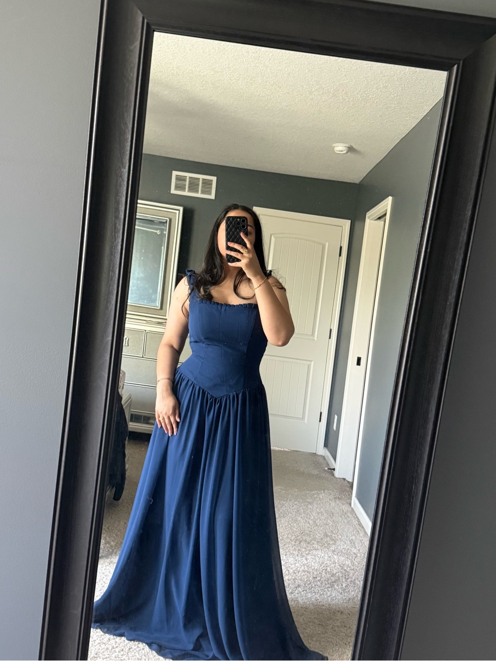 Elegant Navy Blue Maxi Dress with Corset Bodice